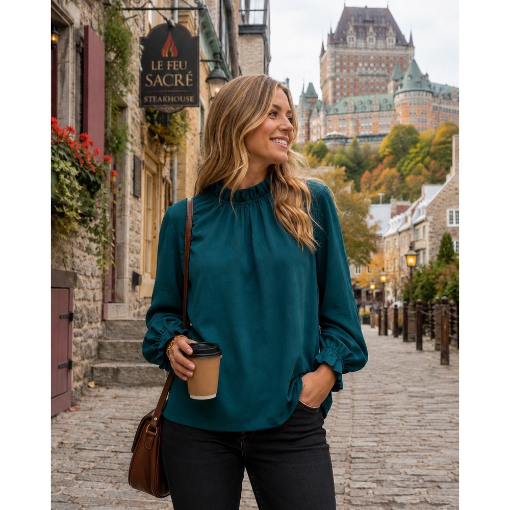 Teal Green Ruffle Mock Neck Blouse Long Sleeve Cottagecore XL